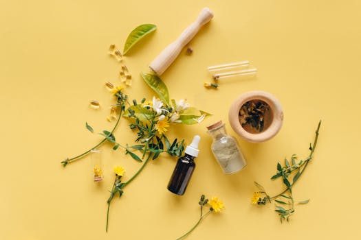 A flat lay of herbal medicines and plants on a yellow background for natural healing.